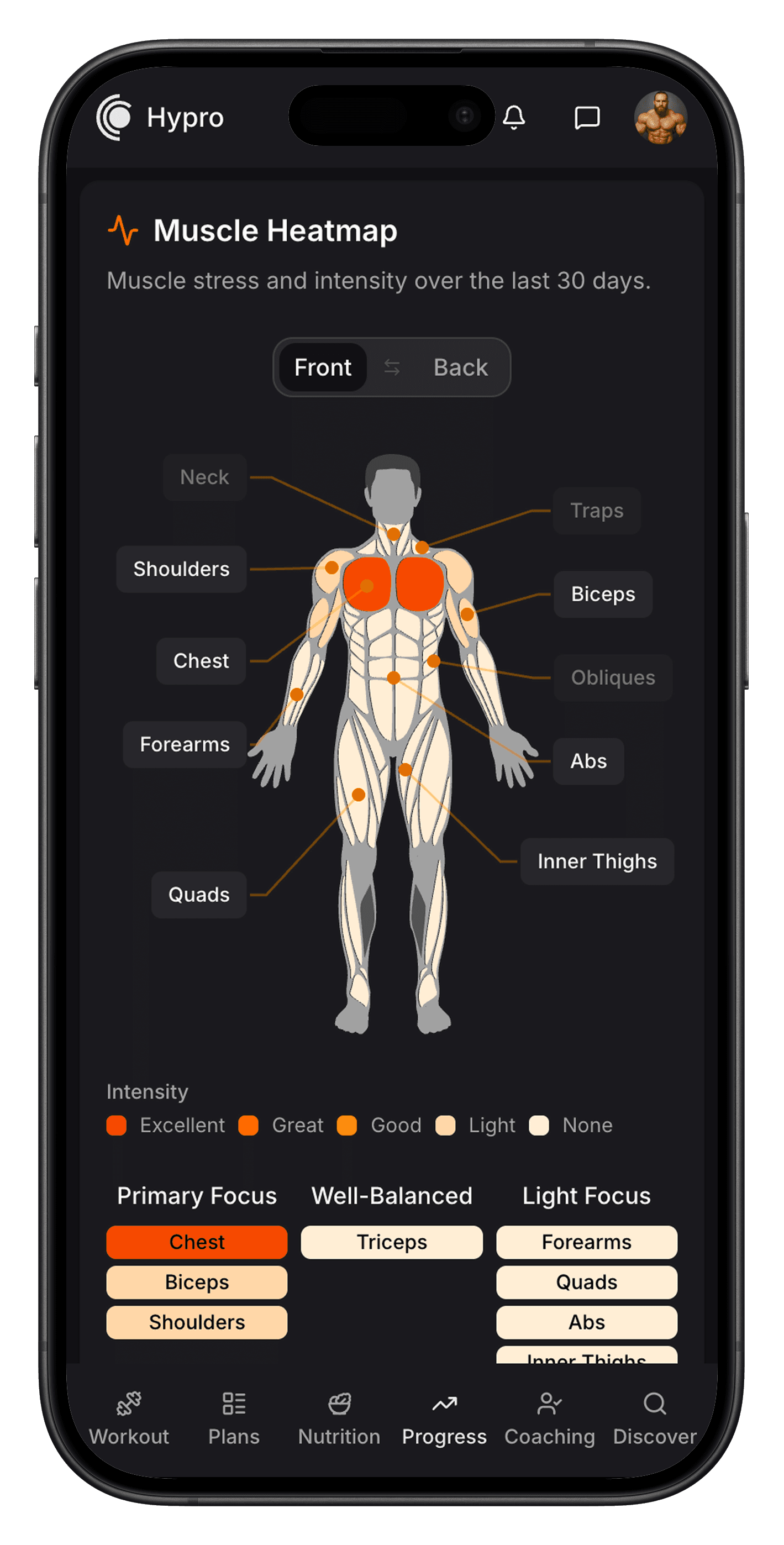 Progress analytics dashboard with charts and workout heatmap