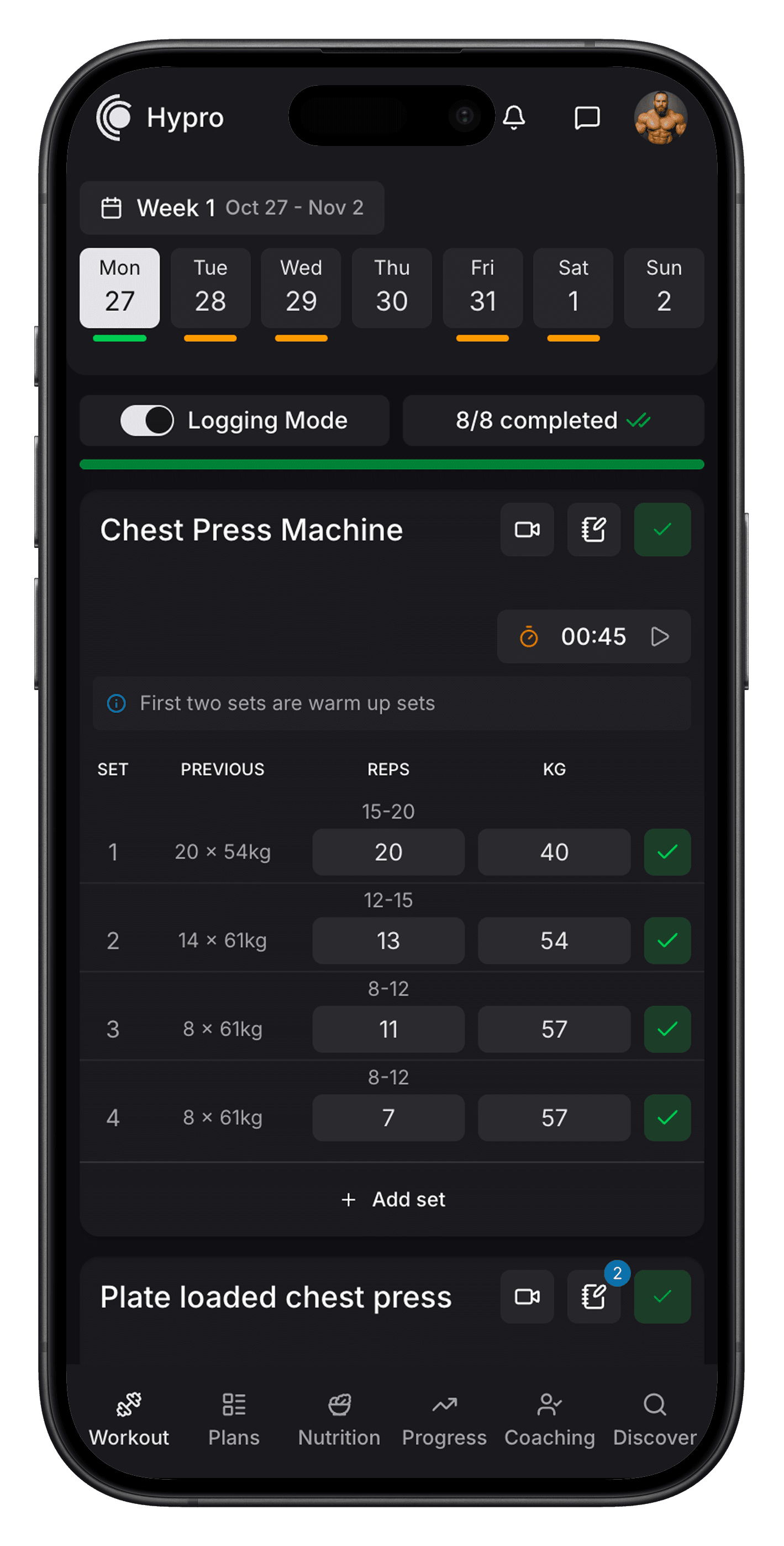 Workout tracking interface showing exercise list and set logging