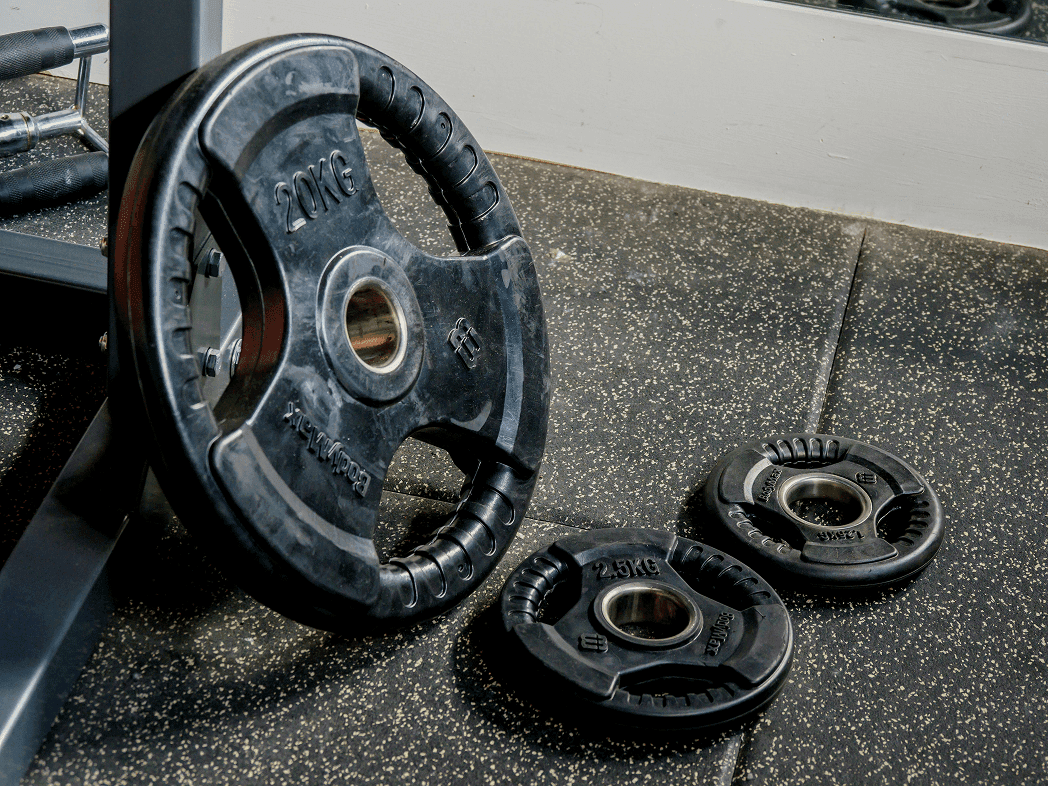 Weight plates lined up in ascending order from small to large