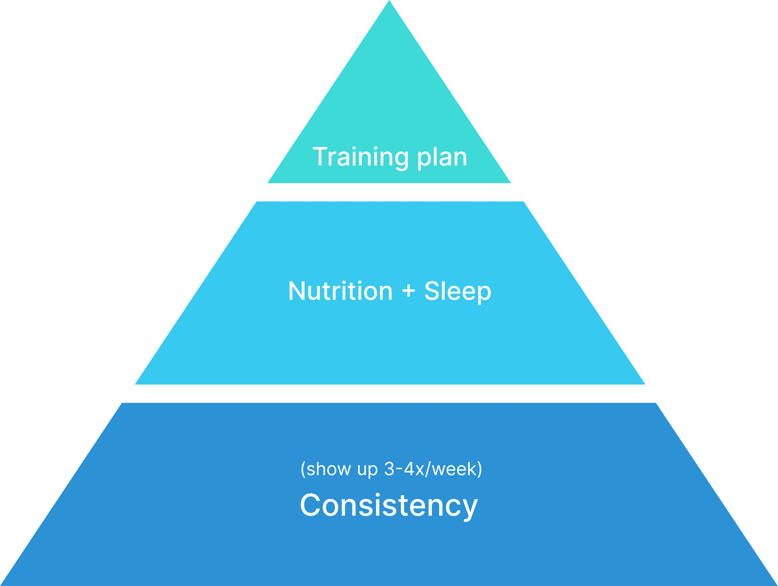 Pyramid showing what drives muscle growth - consistency at the base, nutrition and sleep in the middle, the specific workout plan at the top