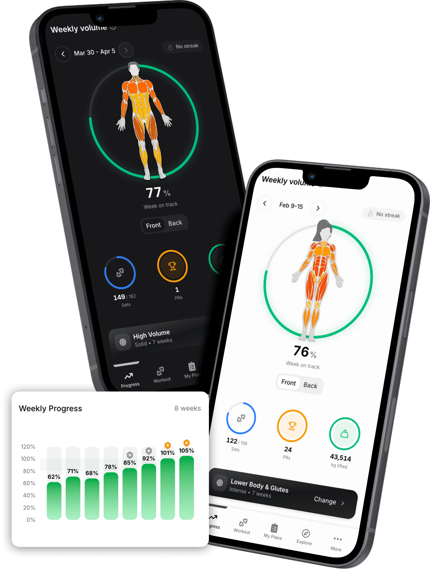 Weekly volume tracking per muscle group with training analytics