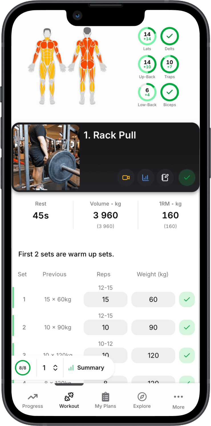 Workout screen for logging sets, reps, and weight during a session