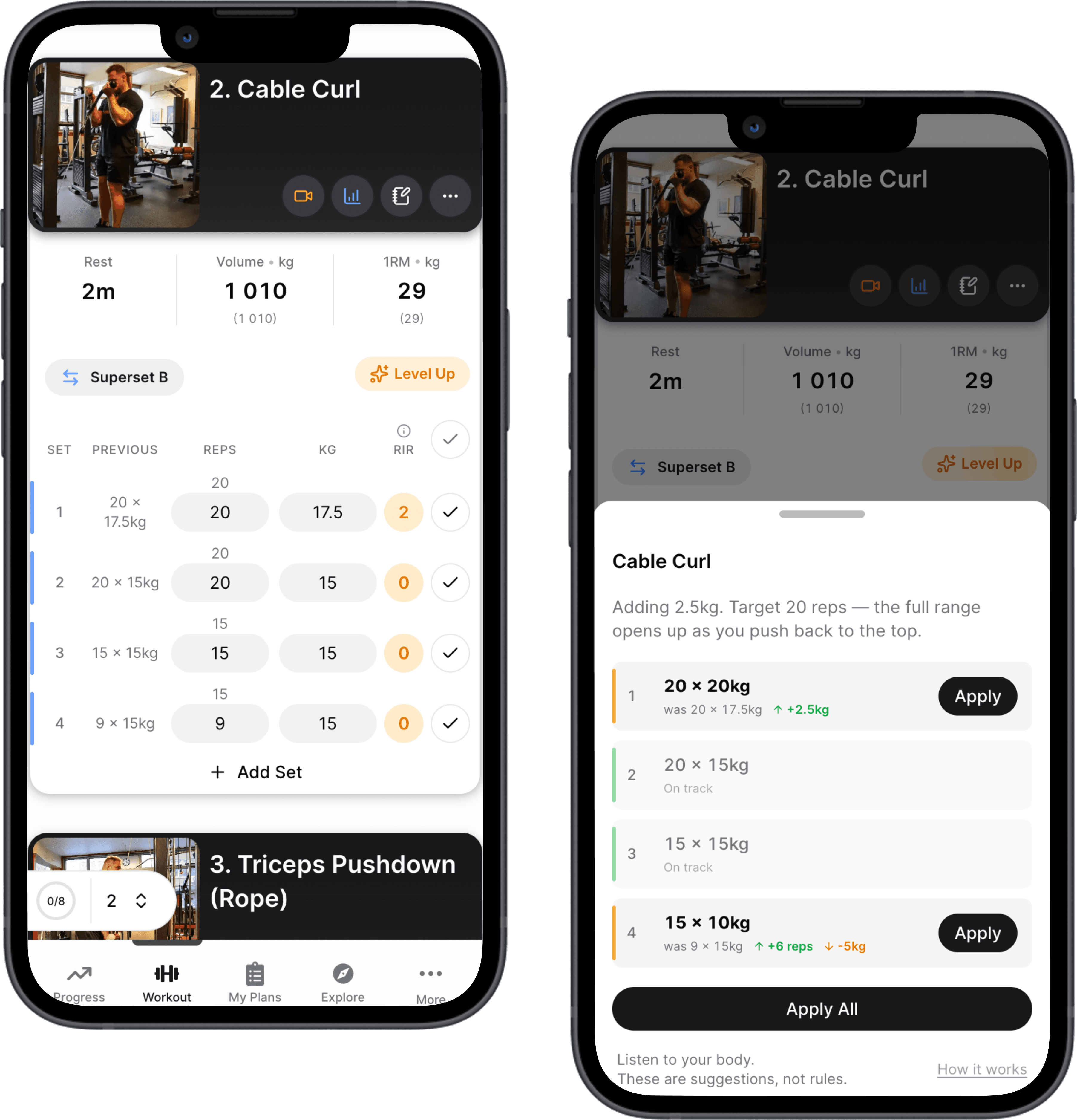 Hypro workout log and Smart Progression panel with per-set weight and rep targets