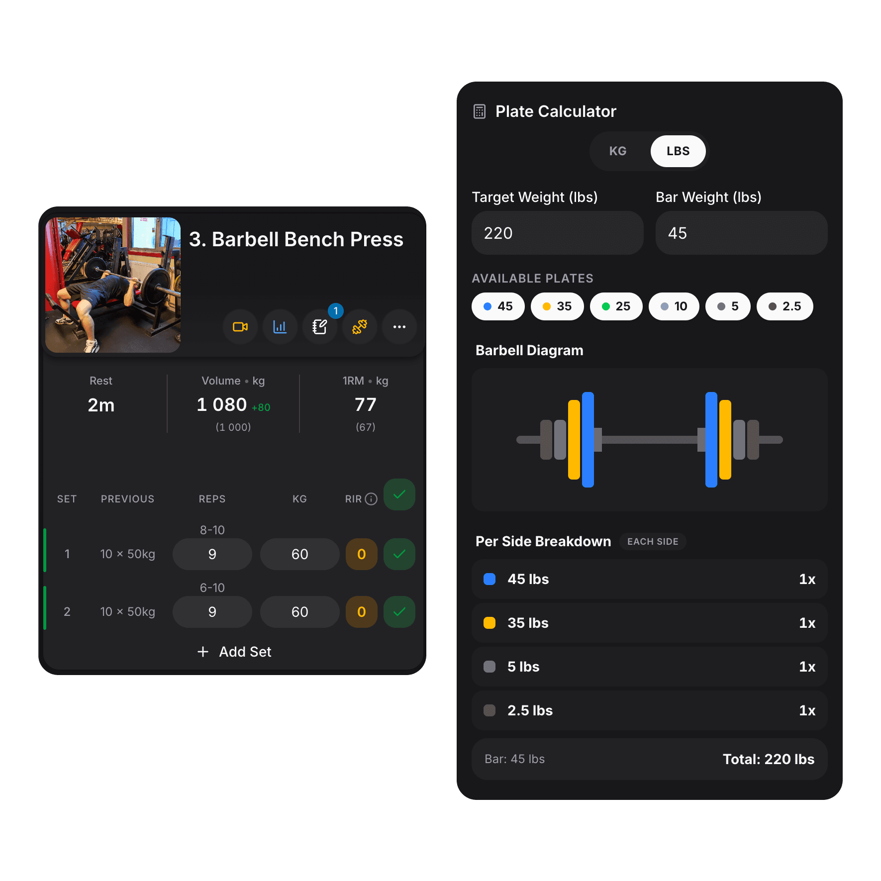Hypro workout screen with the plate calculator drawer open, showing plates to load on each side of the barbell